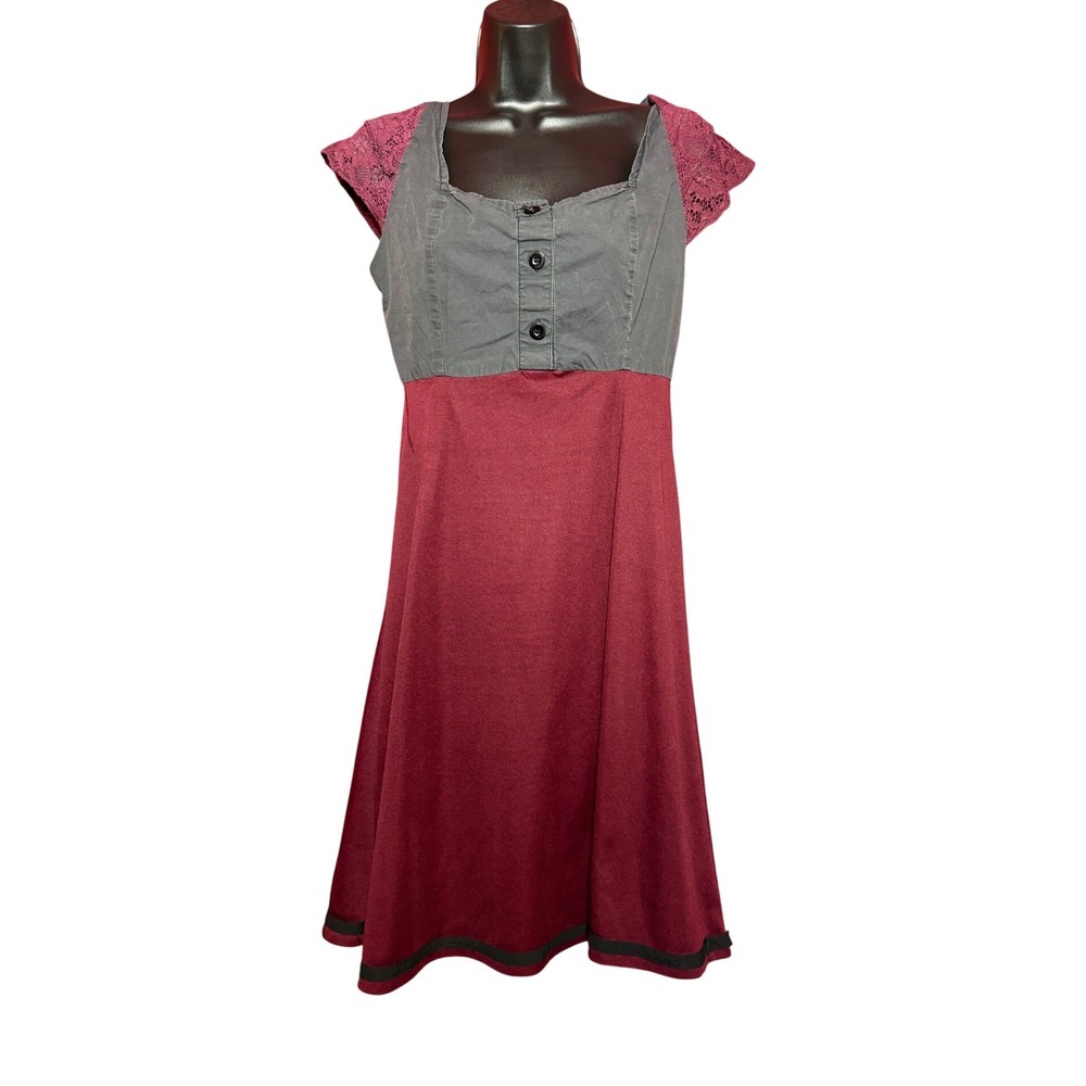 Mikarose Women Size XS Burgundy Grey Lace Sleeve Smocked Back Fit Flare Dress